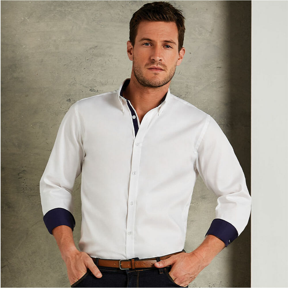 KK190 KustomKit Contrast premium Oxford shirt button down collar long sleeved tailored fit Model