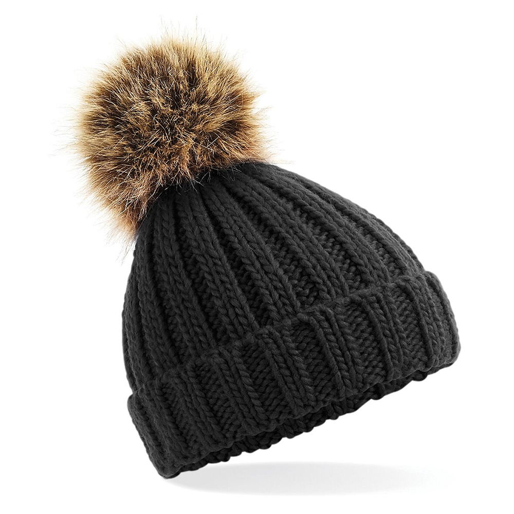 B412A_Beechfield_Infantjunior_Fur_poppom_chunky_beanie_Black